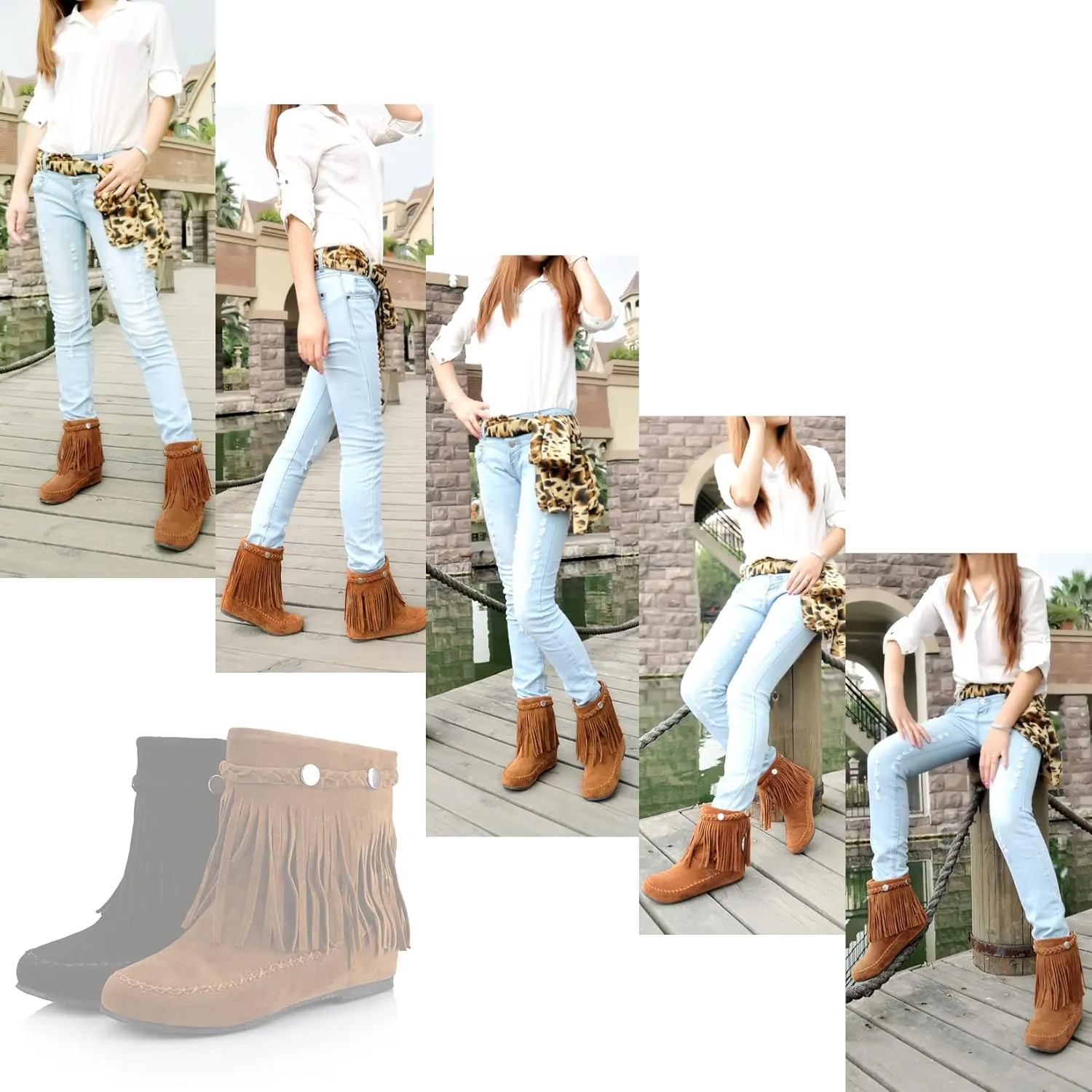 Flat Fringe Ankle Boots Cowgirl Western Tassel Booties Women Retro Vintage Low Heel Round Toe Pull On Short Boots