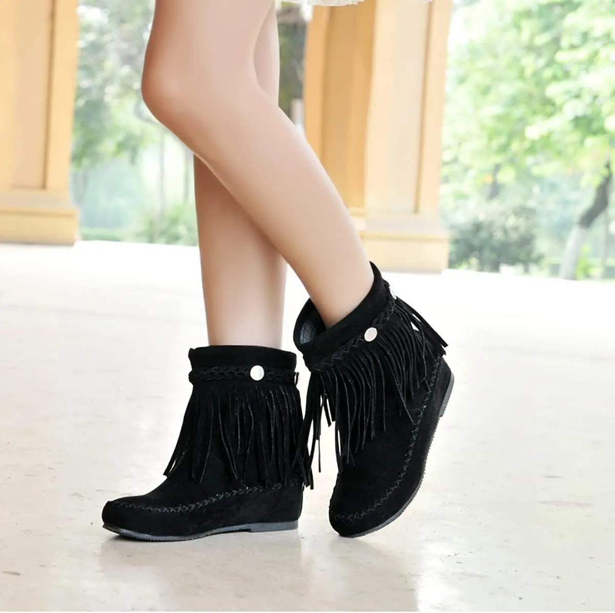 Flat Fringe Ankle Boots Cowgirl Western Tassel Booties Women Retro Vintage Low Heel Round Toe Pull On Short Boots