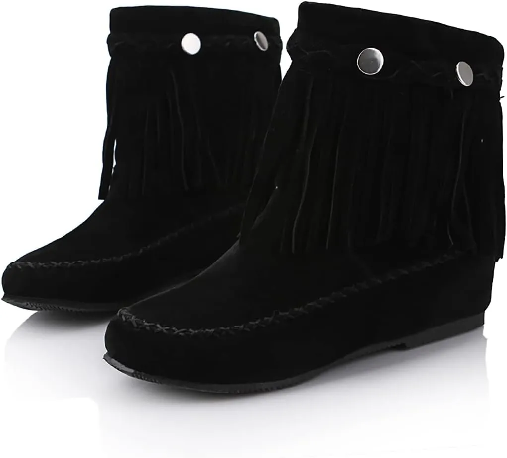 Flat Fringe Ankle Boots Cowgirl Western Tassel Booties Women Retro Vintage Low Heel Round Toe Pull On Short Boots