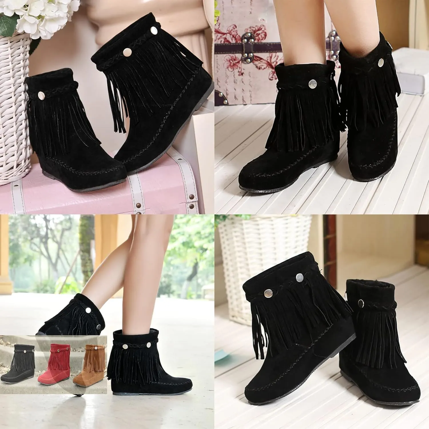 Flat Fringe Ankle Boots Cowgirl Western Tassel Booties Women Retro Vintage Low Heel Round Toe Pull On Short Boots