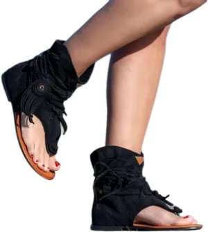 Flat Tassel Gladiator Sandals for Women Casual Summer Bohemian Back Strappy Fringe Sandals Dressy Flip Flops Thong Sandals