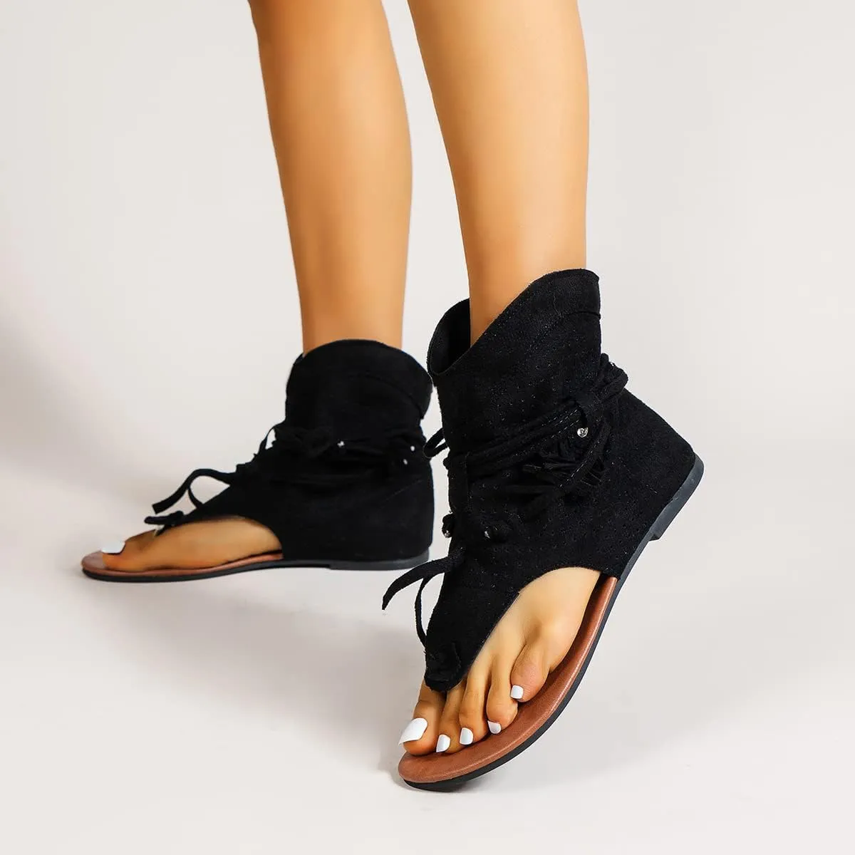 Flat Tassel Gladiator Sandals for Women Casual Summer Bohemian Back Strappy Fringe Sandals Dressy Flip Flops Thong Sandals