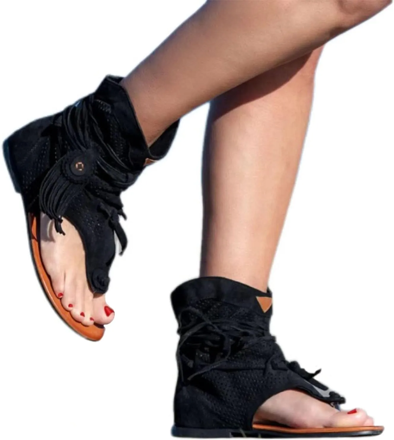 Flat Tassel Gladiator Sandals for Women Casual Summer Bohemian Back Strappy Fringe Sandals Dressy Flip Flops Thong Sandals