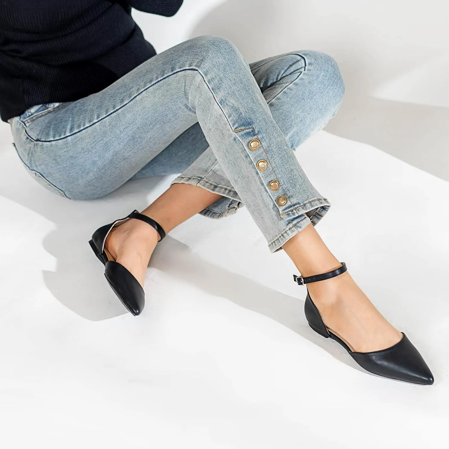 Flats for Women Pointed Toe Comfortable Ankle Strap Gold Nude Flats Silver Black Flats for Women Casual Dress Wedding Flats Shoes