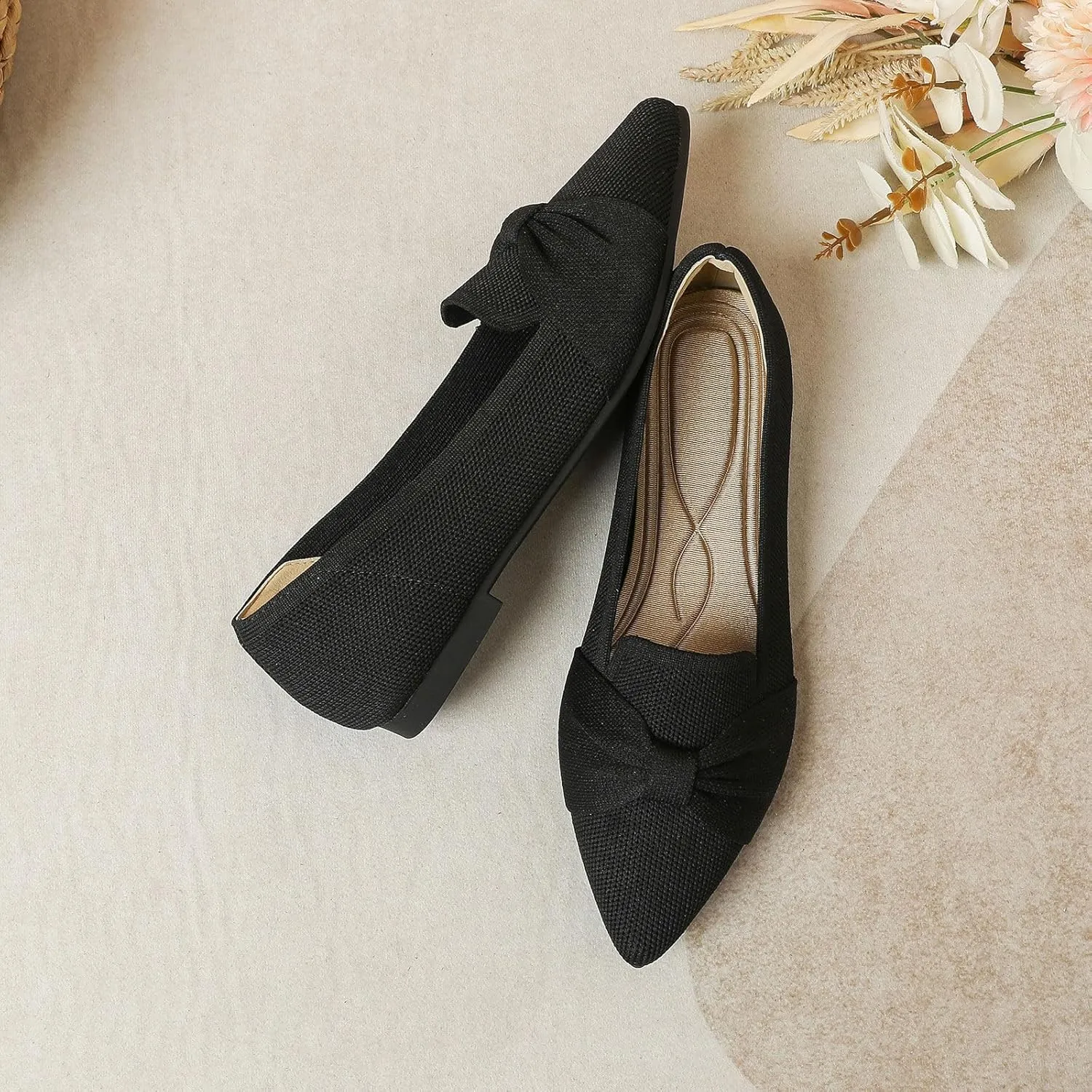 Flats for Womens Classic Pointed Toe Ballet Flats Comfortable Knit Dressy Bow Flats Shoes