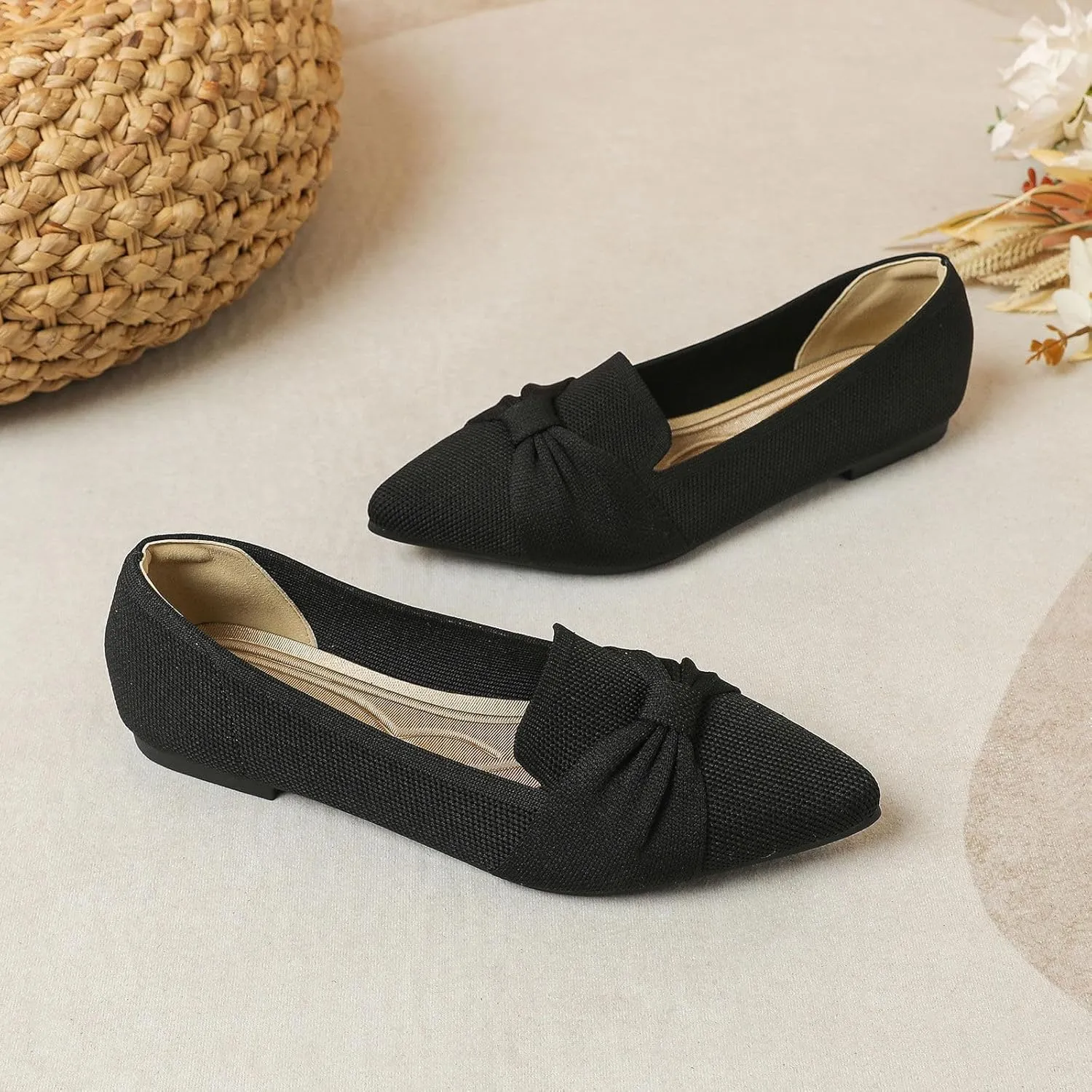 Flats for Womens Classic Pointed Toe Ballet Flats Comfortable Knit Dressy Bow Flats Shoes