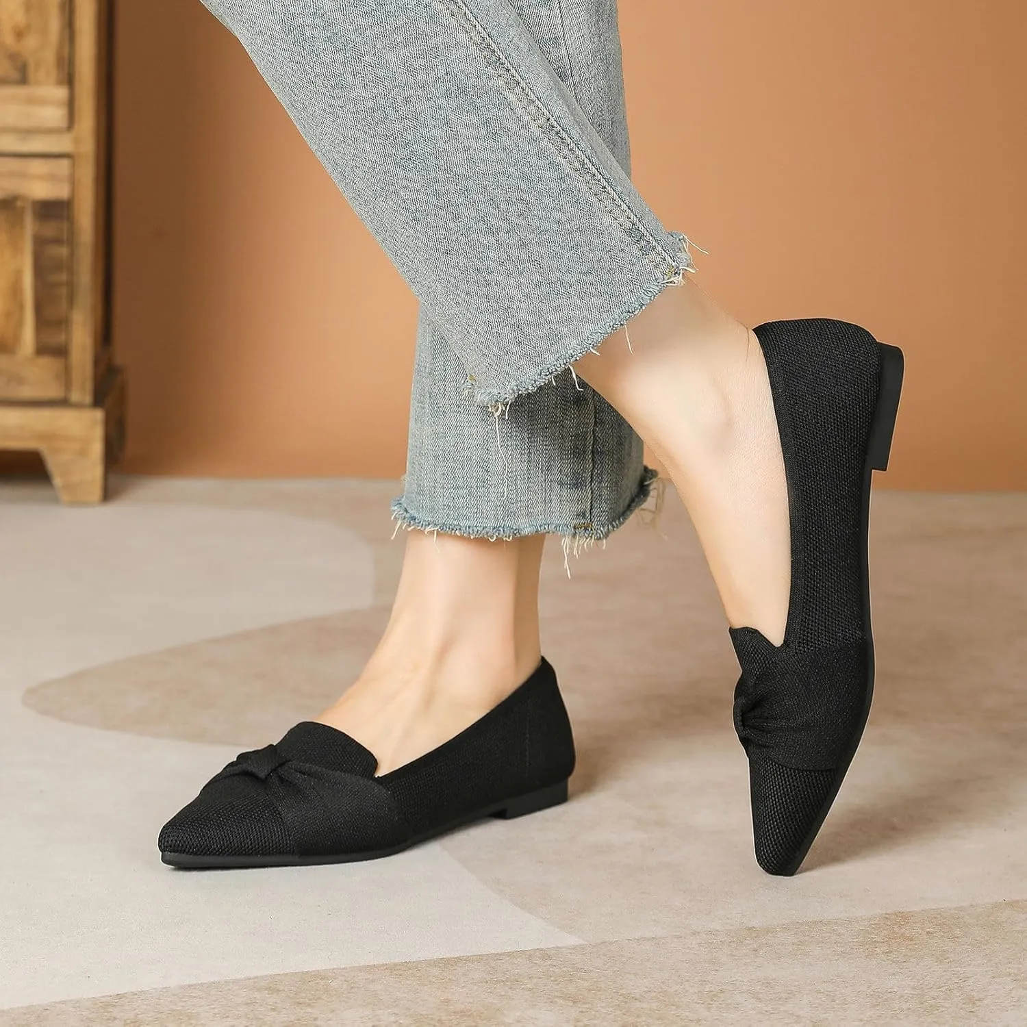 Flats for Womens Classic Pointed Toe Ballet Flats Comfortable Knit Dressy Bow Flats Shoes