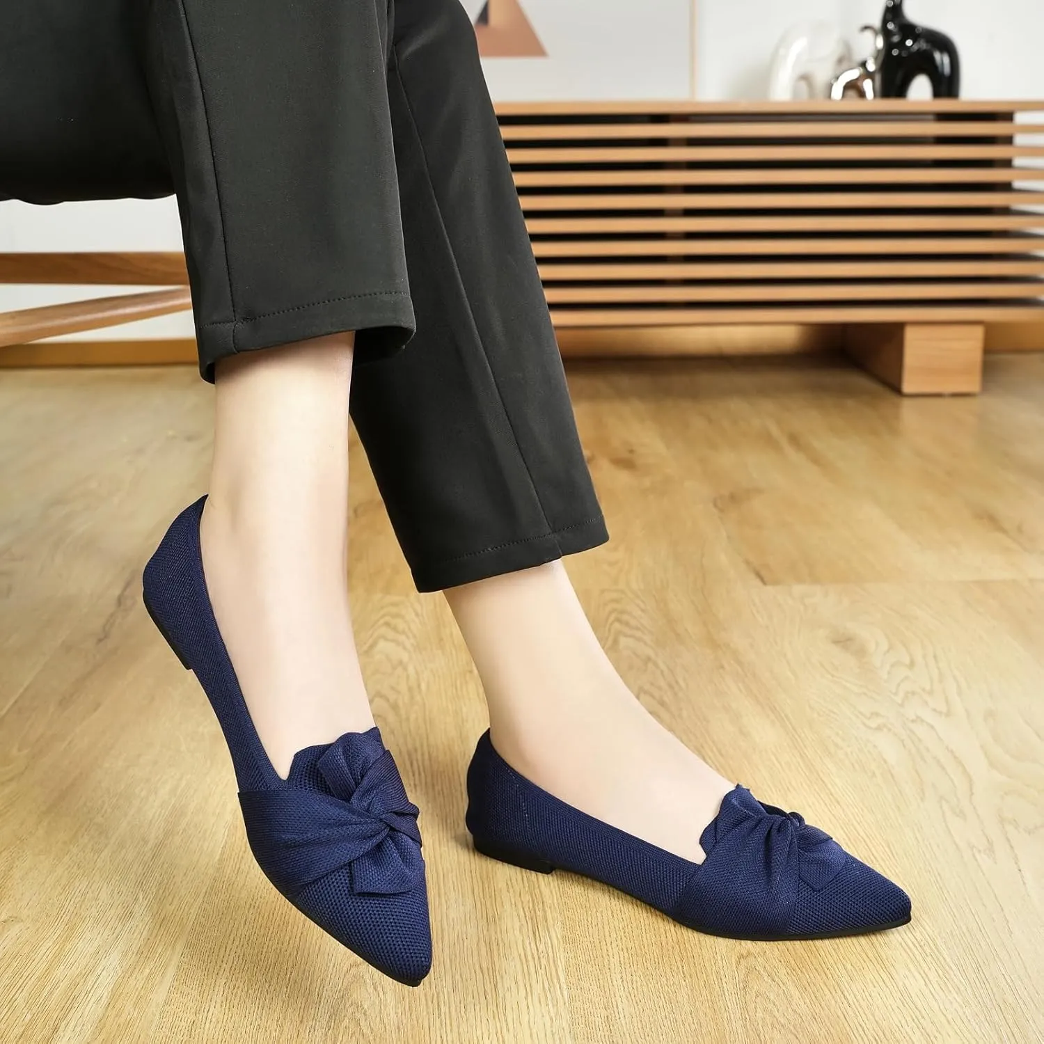 Flats for Womens Pointed Toe Ballet Flats with Bow Comfortable Knit Dressy Flats