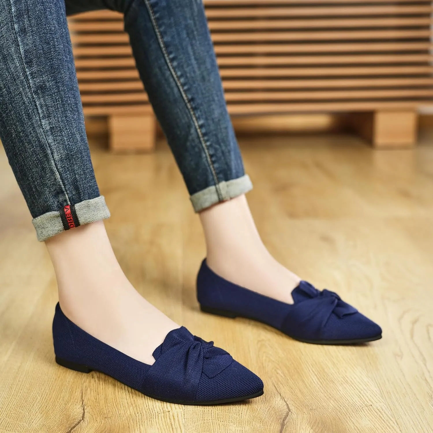 Flats for Womens Pointed Toe Ballet Flats with Bow Comfortable Knit Dressy Flats