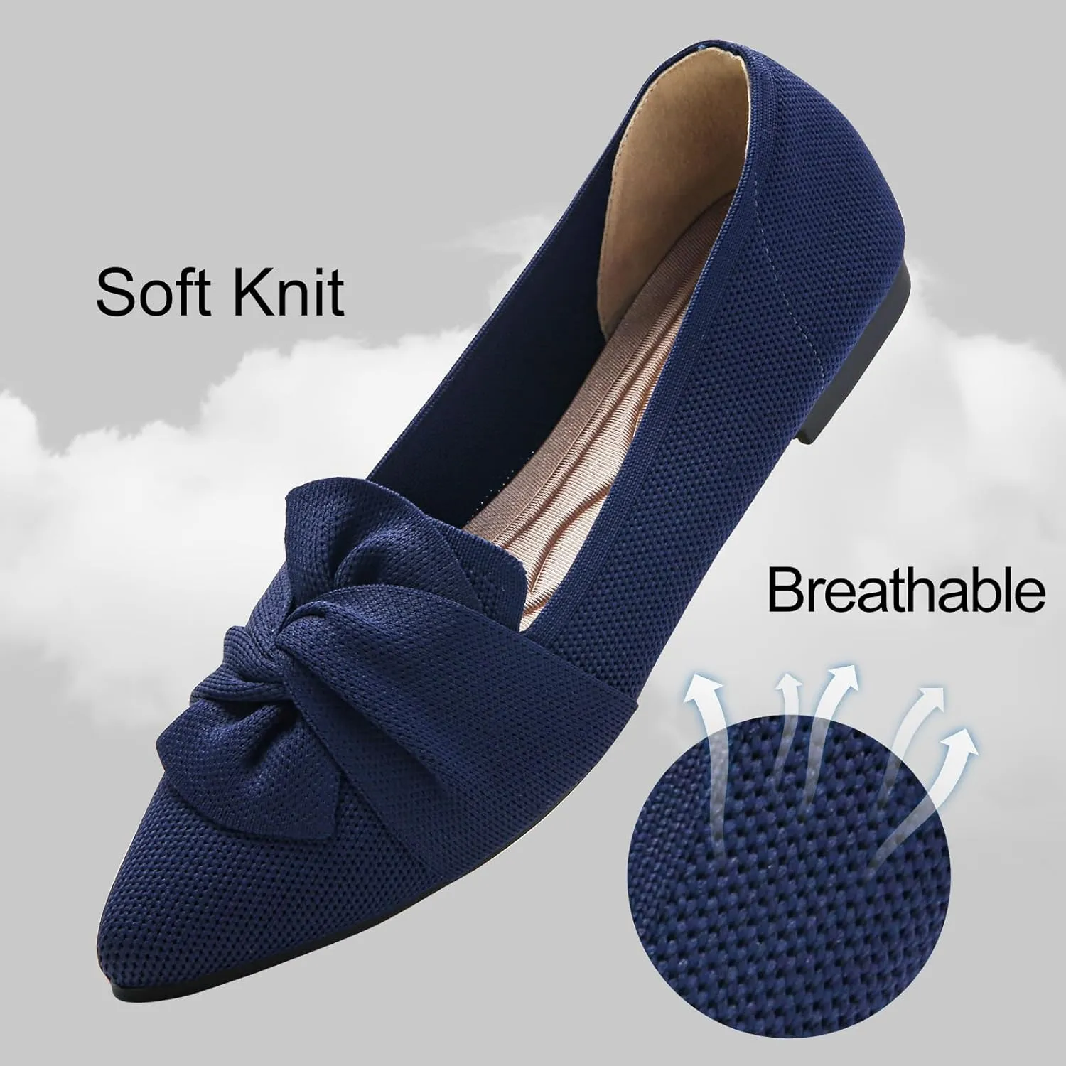 Flats for Womens Pointed Toe Ballet Flats with Bow Comfortable Knit Dressy Flats