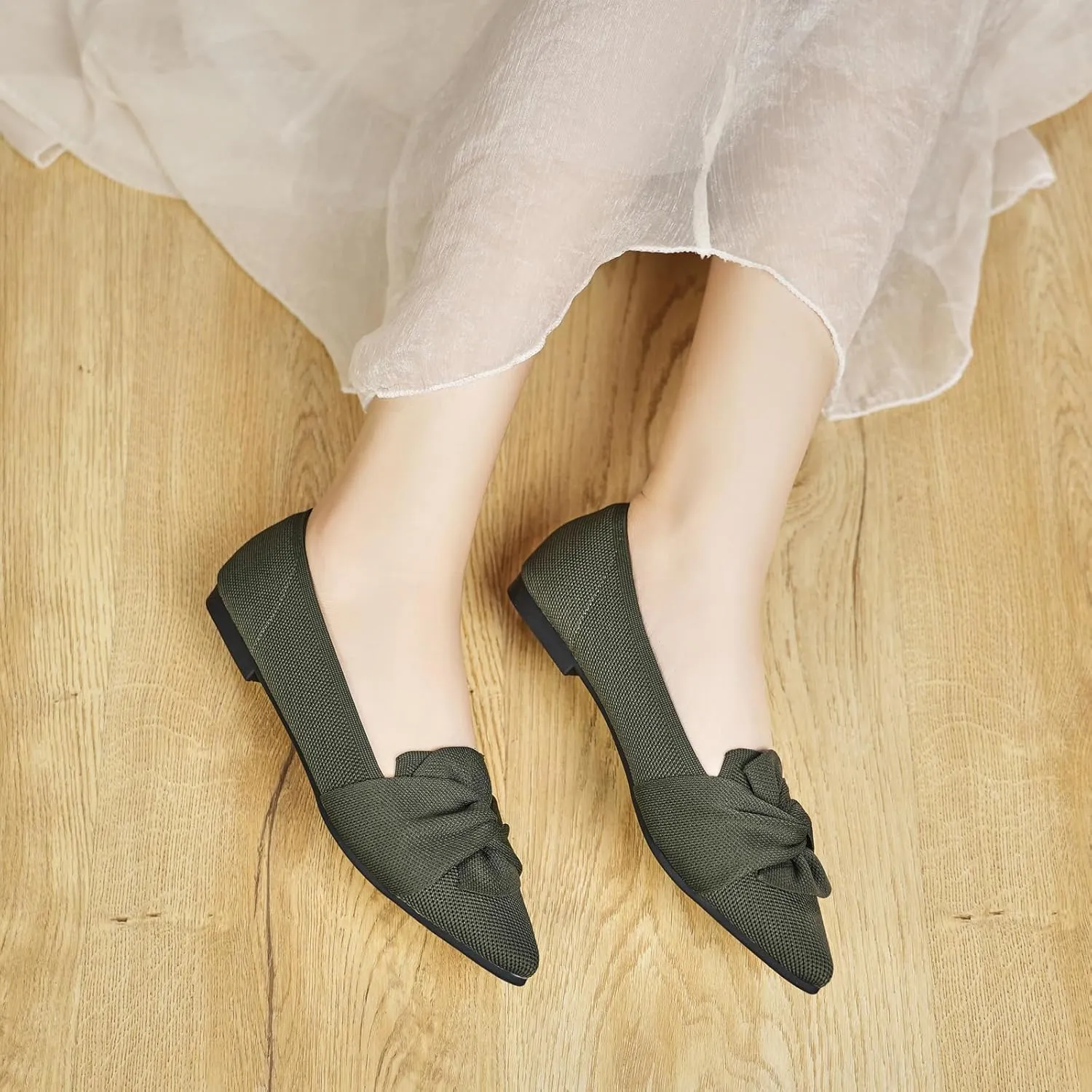 Flats for Womens Pointed Toe Ballet Flats with Bow Comfortable Knit Dressy Flats