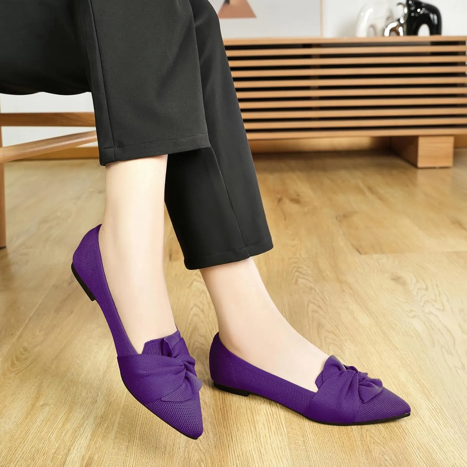 Flats for Womens Pointed Toe Ballet Flats with Bow Comfortable Knit Dressy Flats