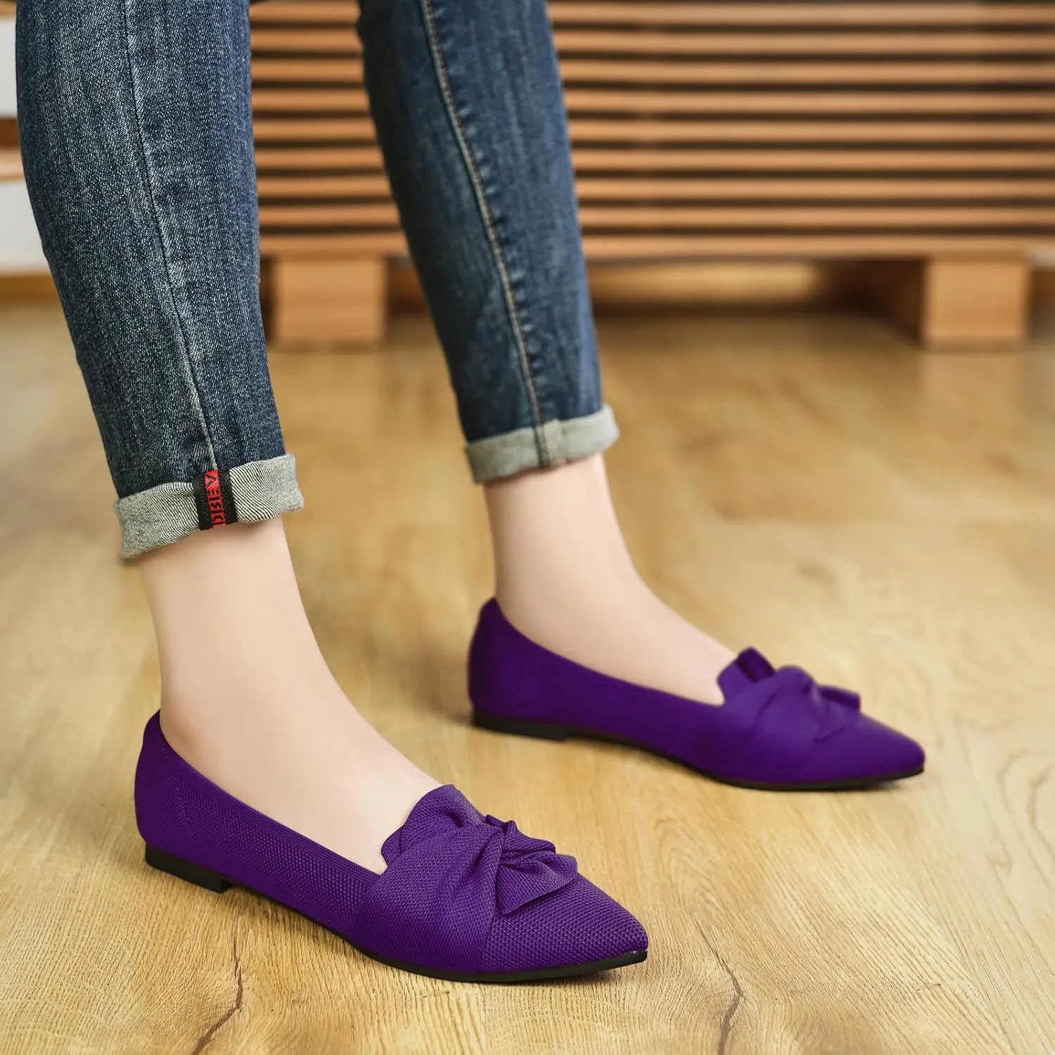 Flats for Womens Pointed Toe Ballet Flats with Bow Comfortable Knit Dressy Flats