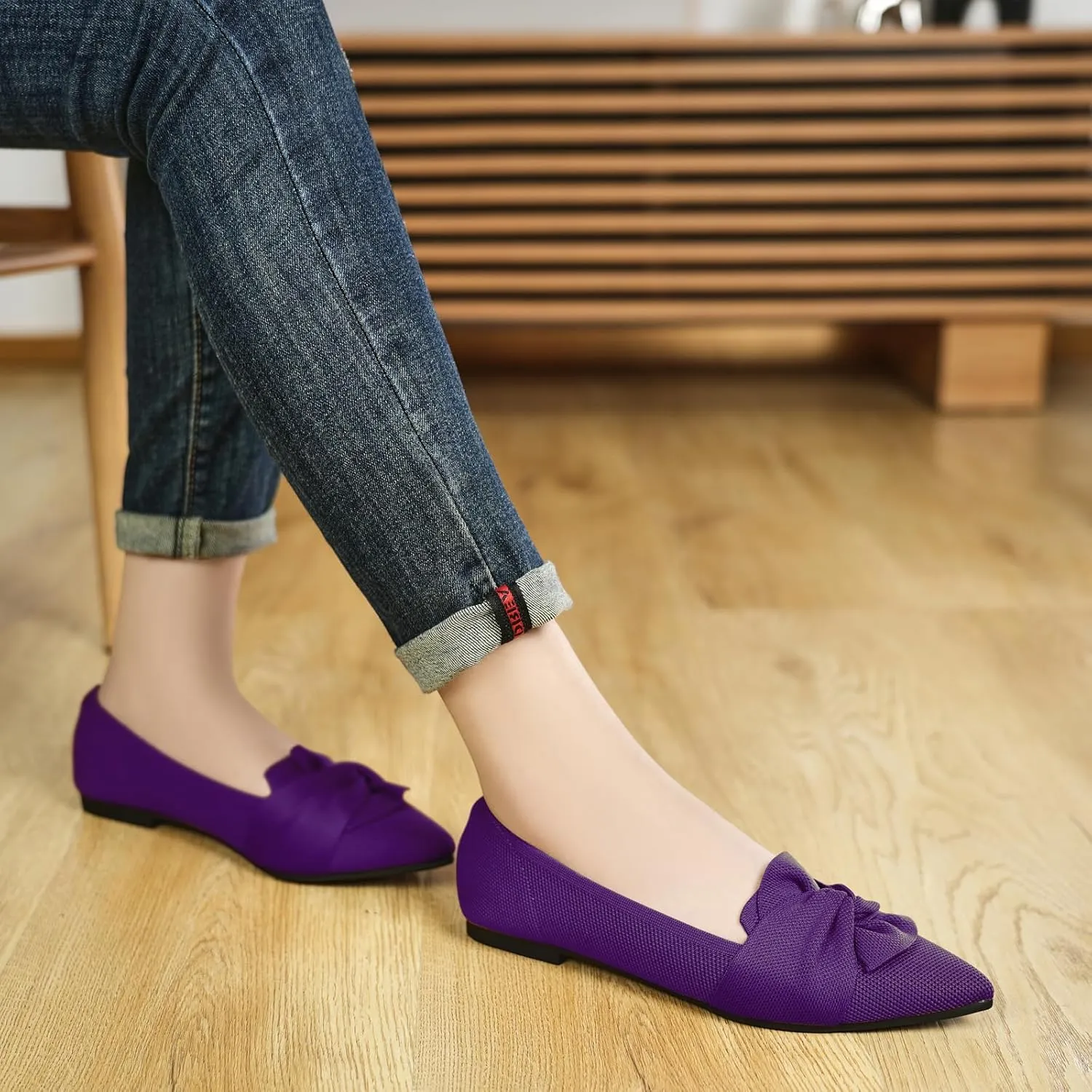 Flats for Womens Pointed Toe Ballet Flats with Bow Comfortable Knit Dressy Flats
