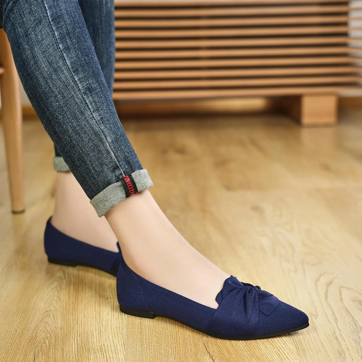Flats for Womens Pointed Toe Ballet Flats with Bow Comfortable Knit Dressy Flats