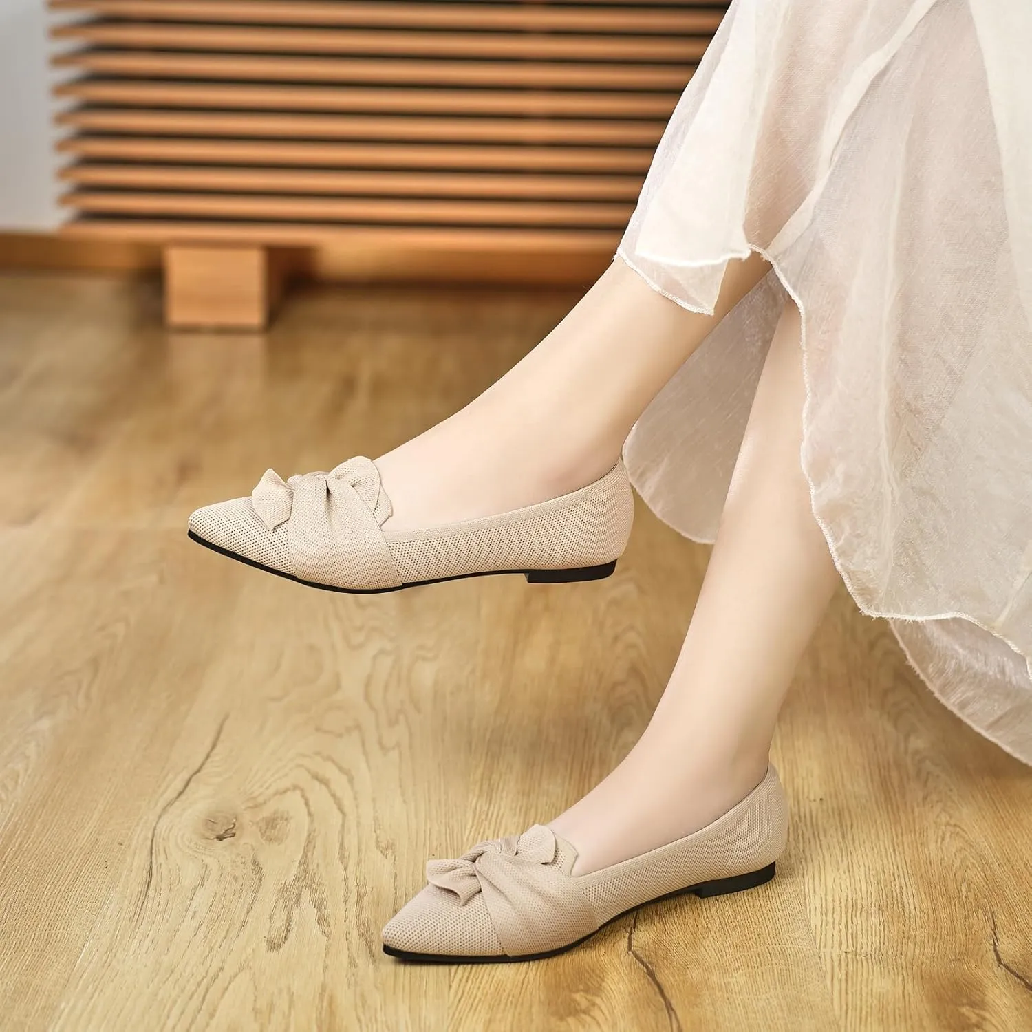 Flats for Womens Pointed Toe Ballet Flats with Bow Comfortable Knit Dressy Flats