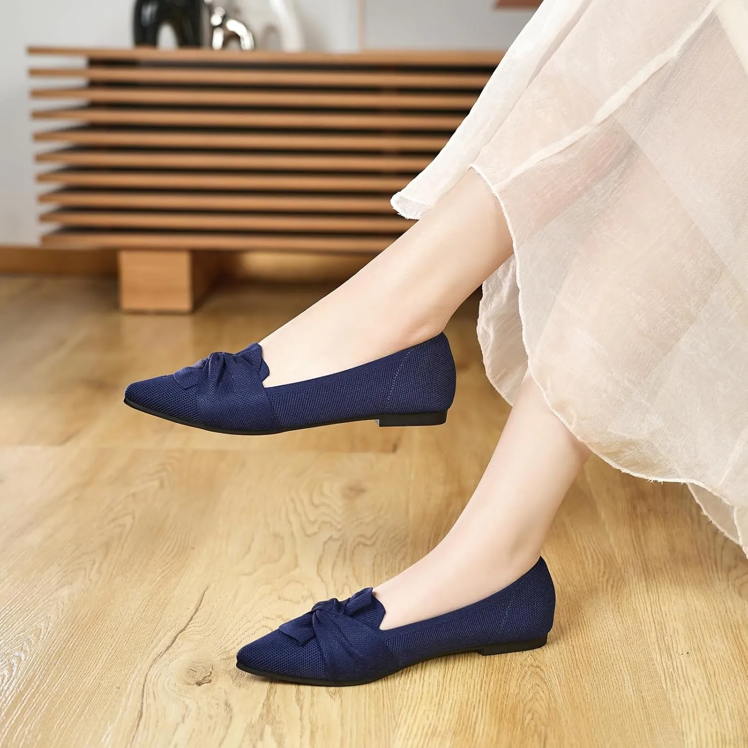 Flats for Womens Pointed Toe Ballet Flats with Bow Comfortable Knit Dressy Flats