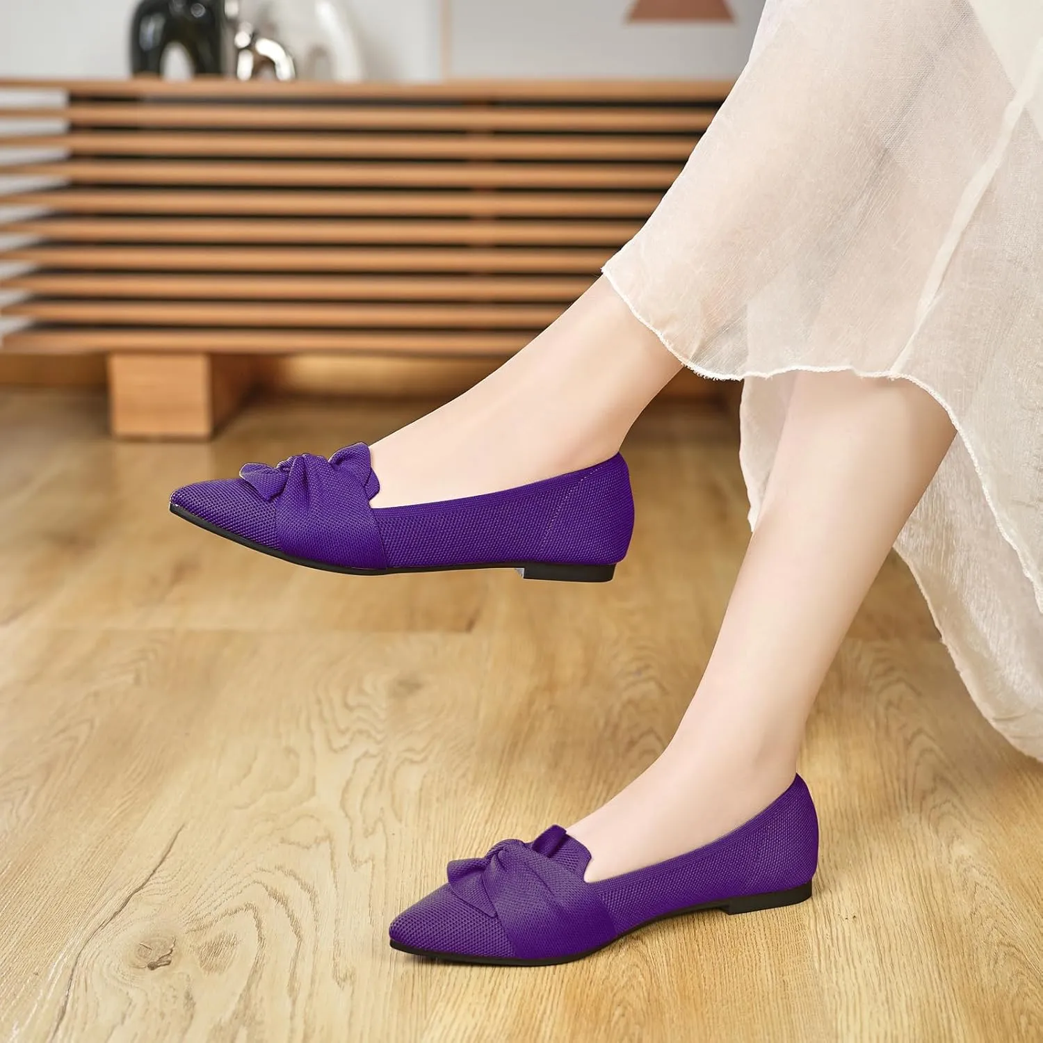 Flats for Womens Pointed Toe Ballet Flats with Bow Comfortable Knit Dressy Flats