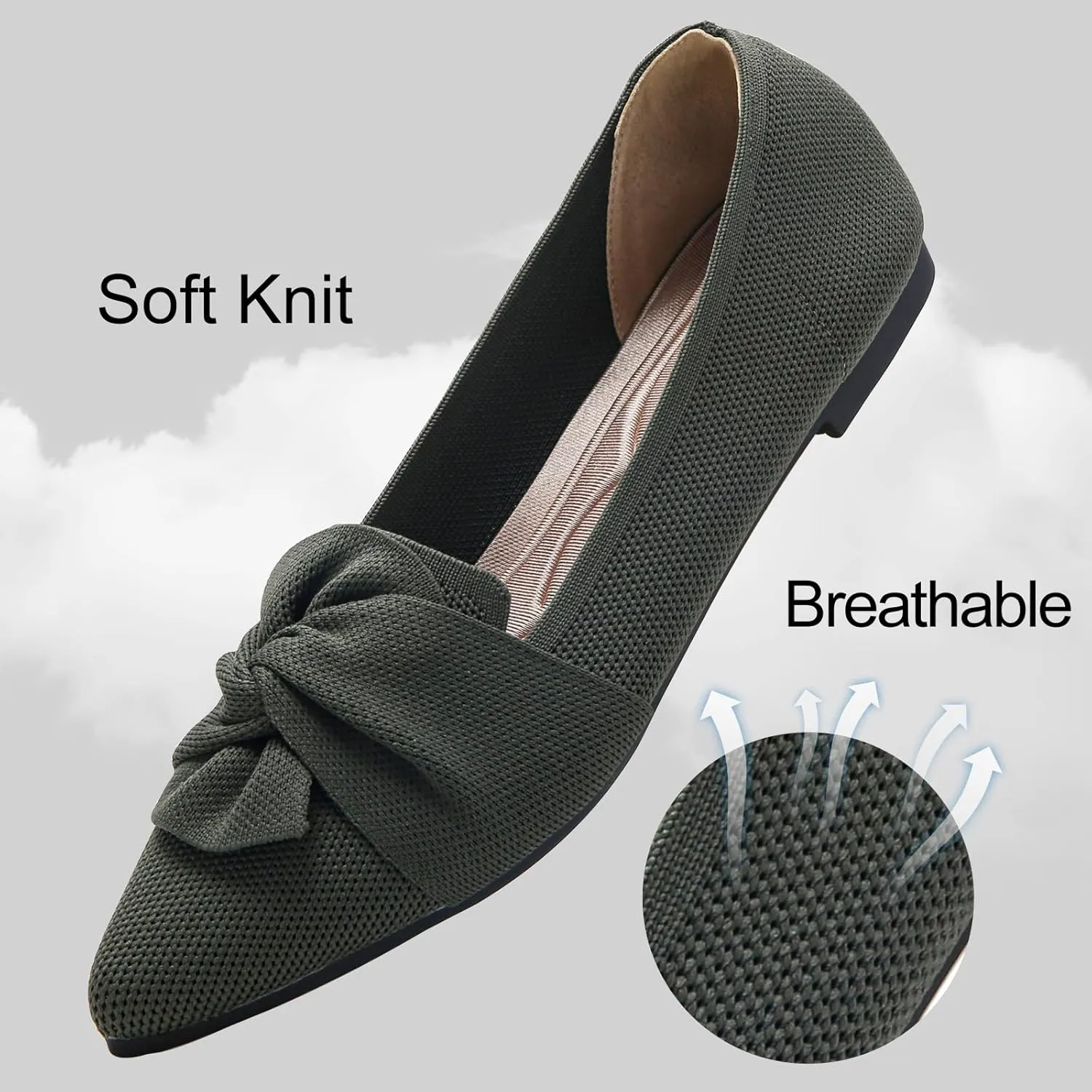 Flats for Womens Pointed Toe Ballet Flats with Bow Comfortable Knit Dressy Flats