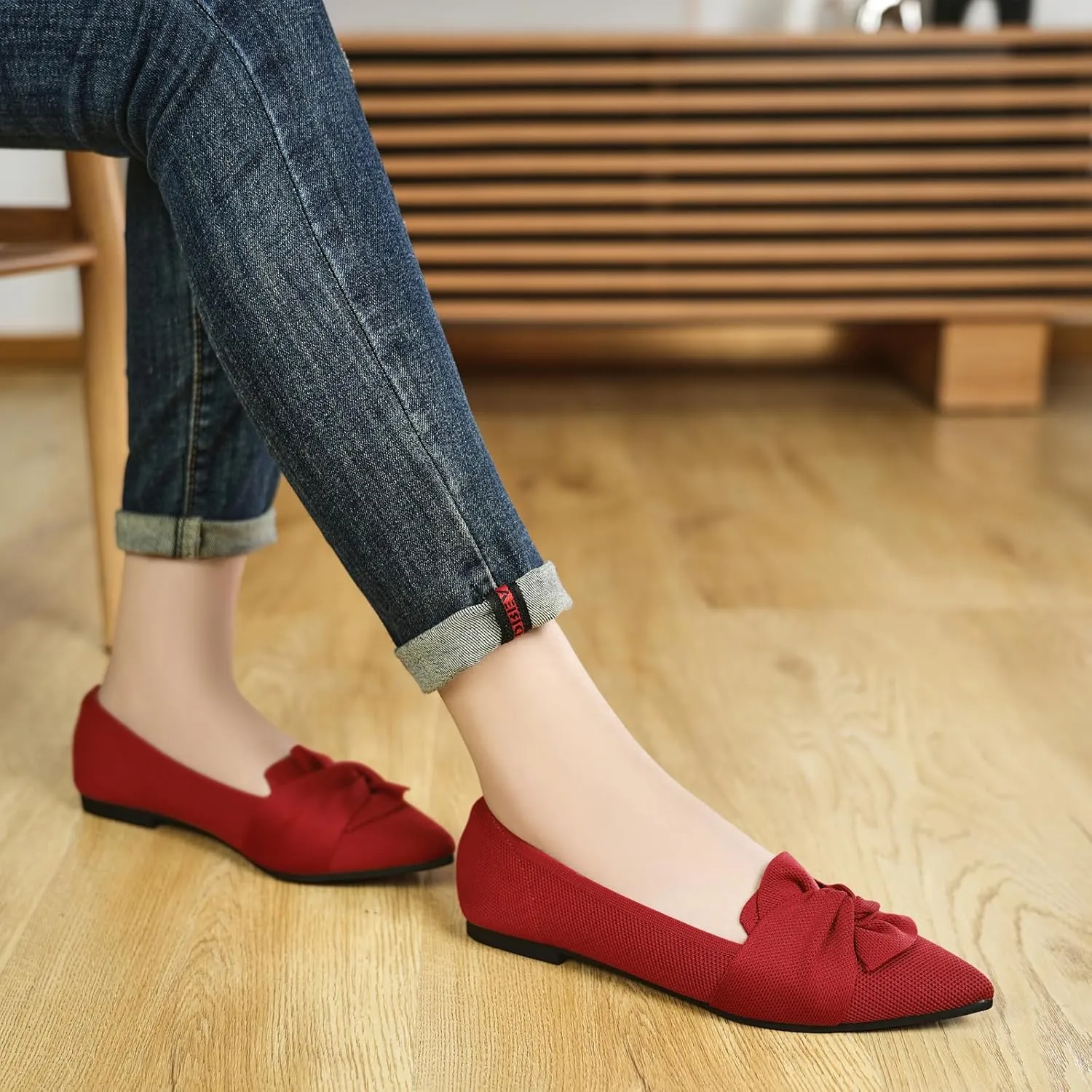 Flats for Womens Pointed Toe Ballet Flats with Bow Comfortable Knit Dressy Flats