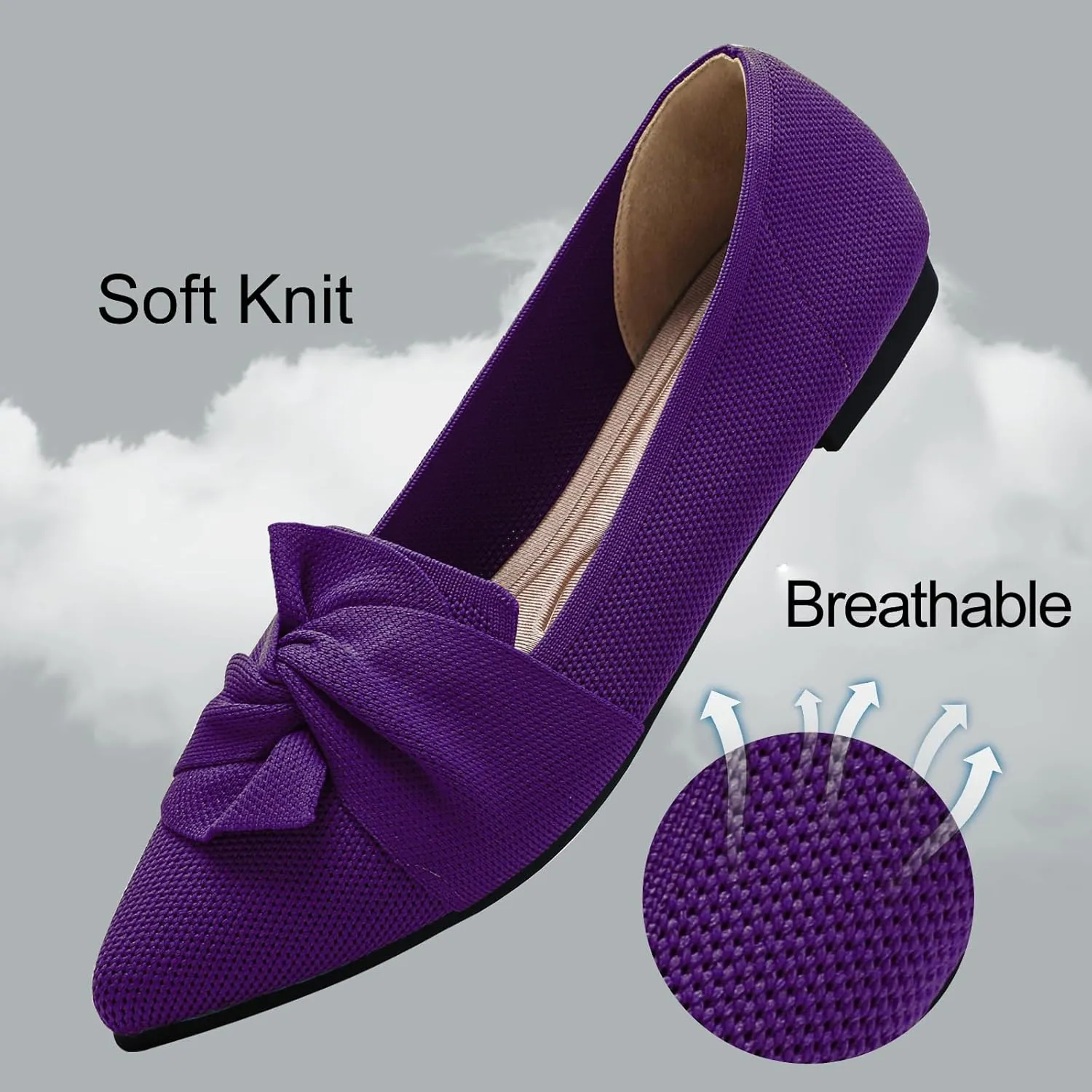 Flats for Womens Pointed Toe Ballet Flats with Bow Comfortable Knit Dressy Flats
