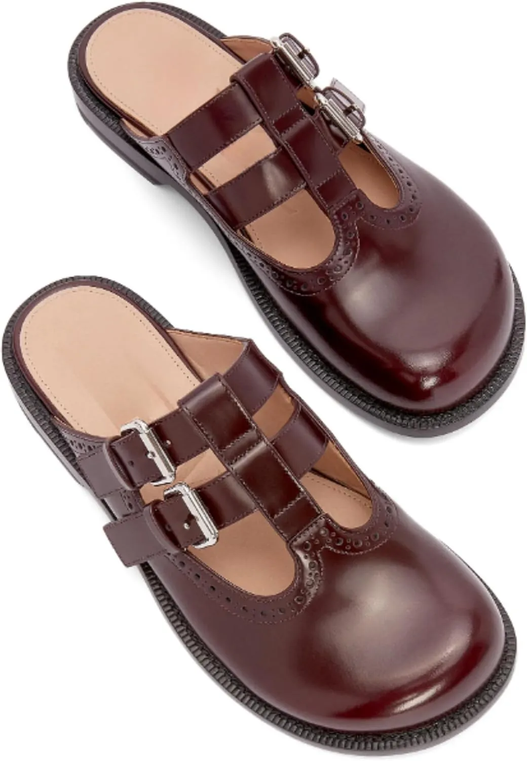Flats Mules for Women Round Toe Low Heel Sandals Baotou Double Belt Buckle Mary Jane Flat Slip-on Backless Comfortable Casual Walking Dress Party Soft Shoes