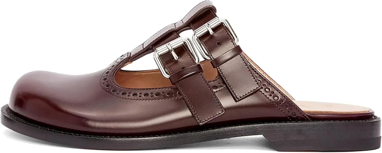 Flats Mules for Women Round Toe Low Heel Sandals Baotou Double Belt Buckle Mary Jane Flat Slip-on Backless Comfortable Casual Walking Dress Party Soft Shoes