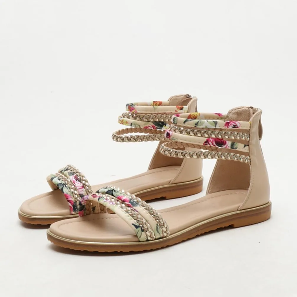 Flats Sandals Printed Braided PU With Zipper Closure Heel Sandal For Women Summer Dressy