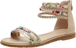 Flats Sandals Printed Braided PU With Zipper Closure Heel Sandal For Women Summer Dressy