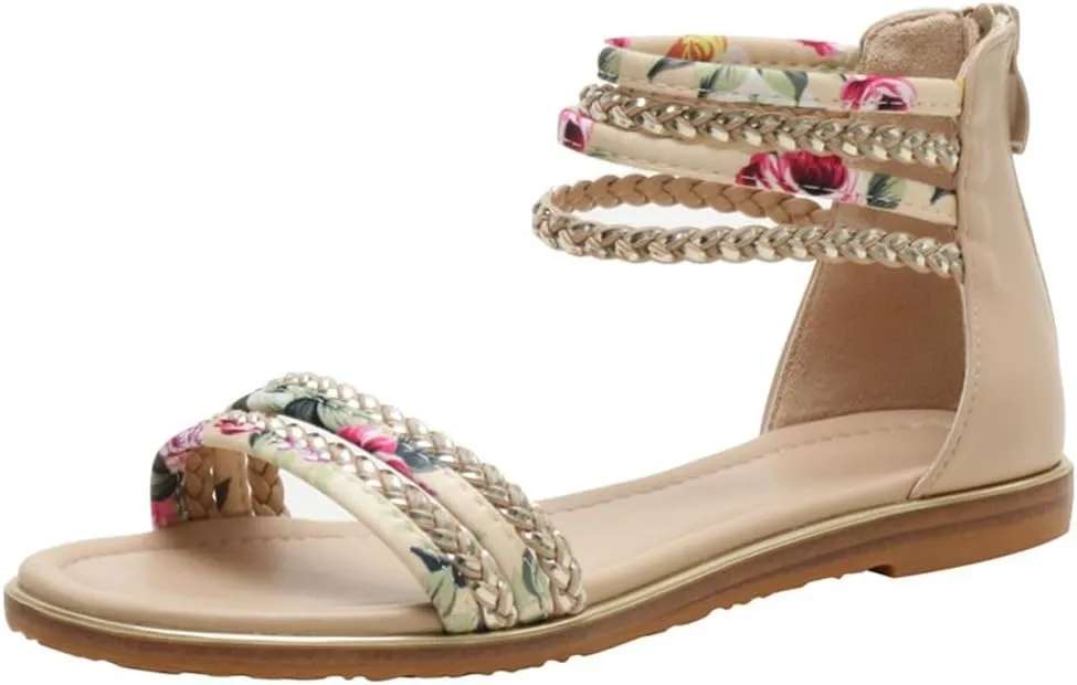 Flats Sandals Printed Braided PU With Zipper Closure Heel Sandal For Women Summer Dressy