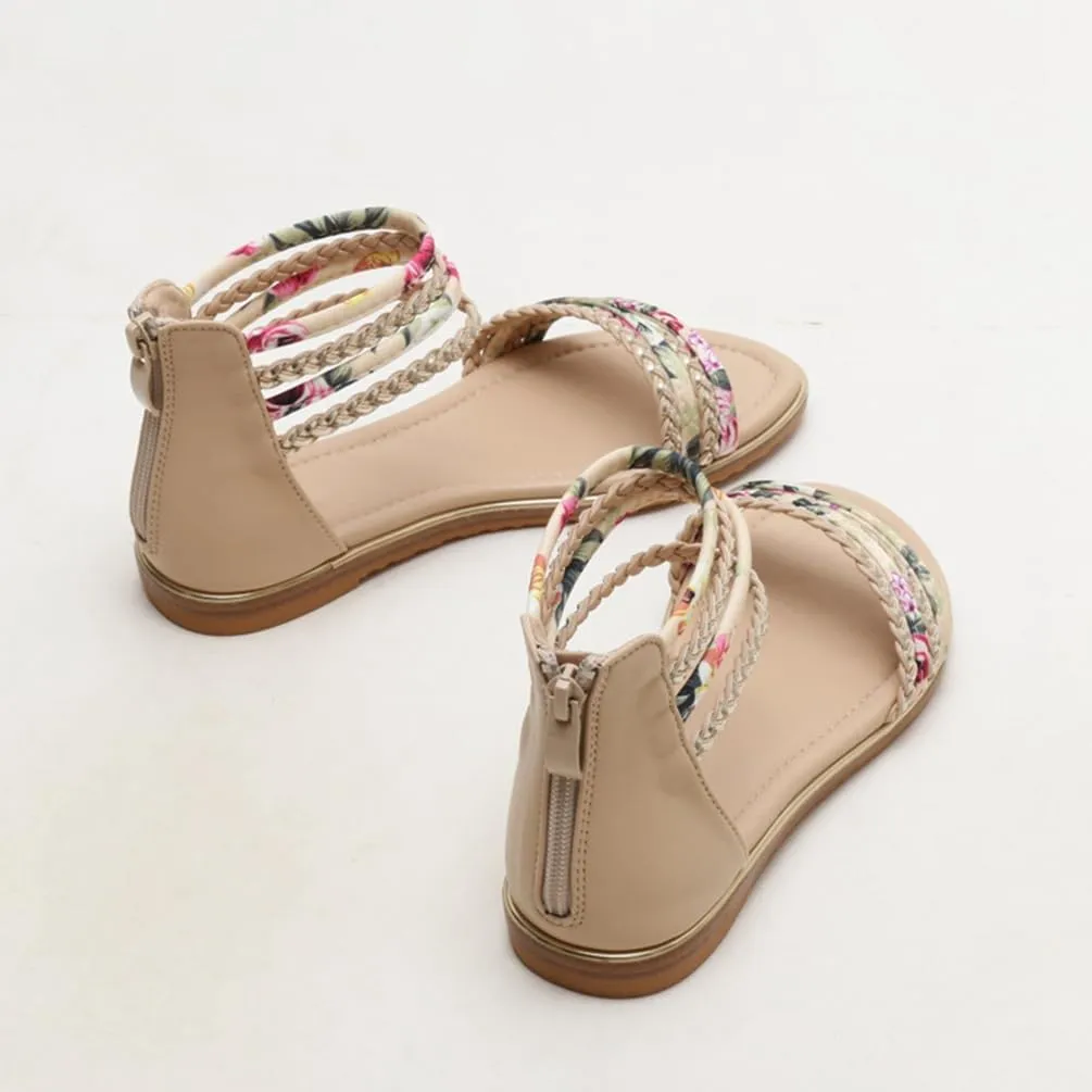 Flats Sandals Printed Braided PU With Zipper Closure Heel Sandal For Women Summer Dressy