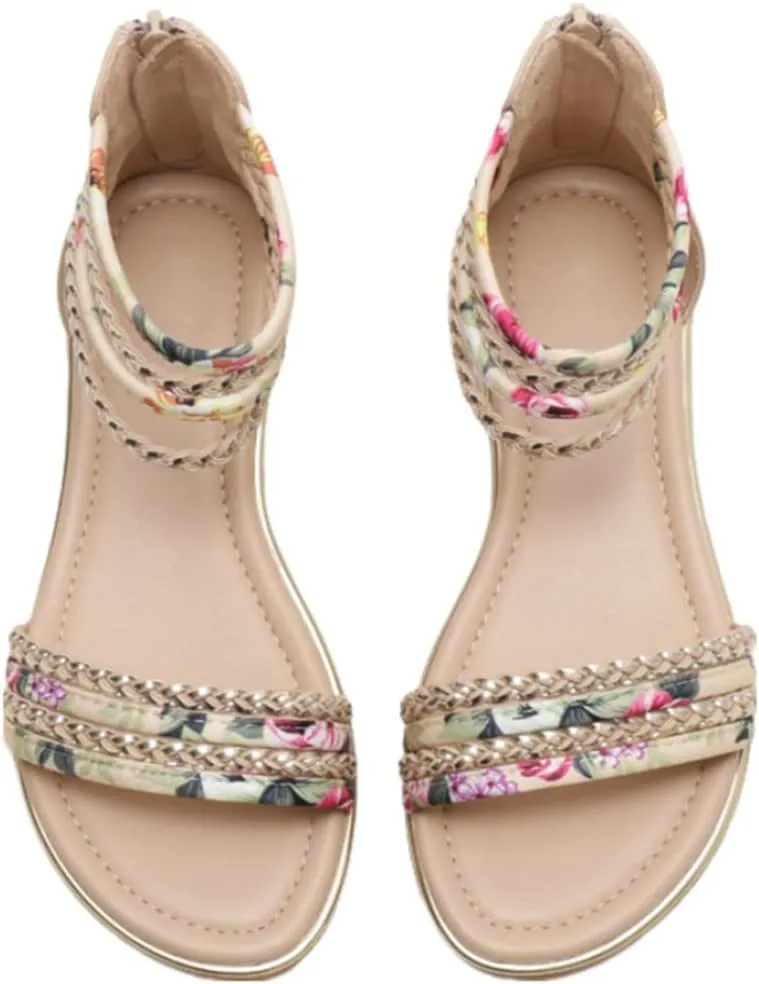 Flats Sandals Printed Braided PU With Zipper Closure Heel Sandal For Women Summer Dressy