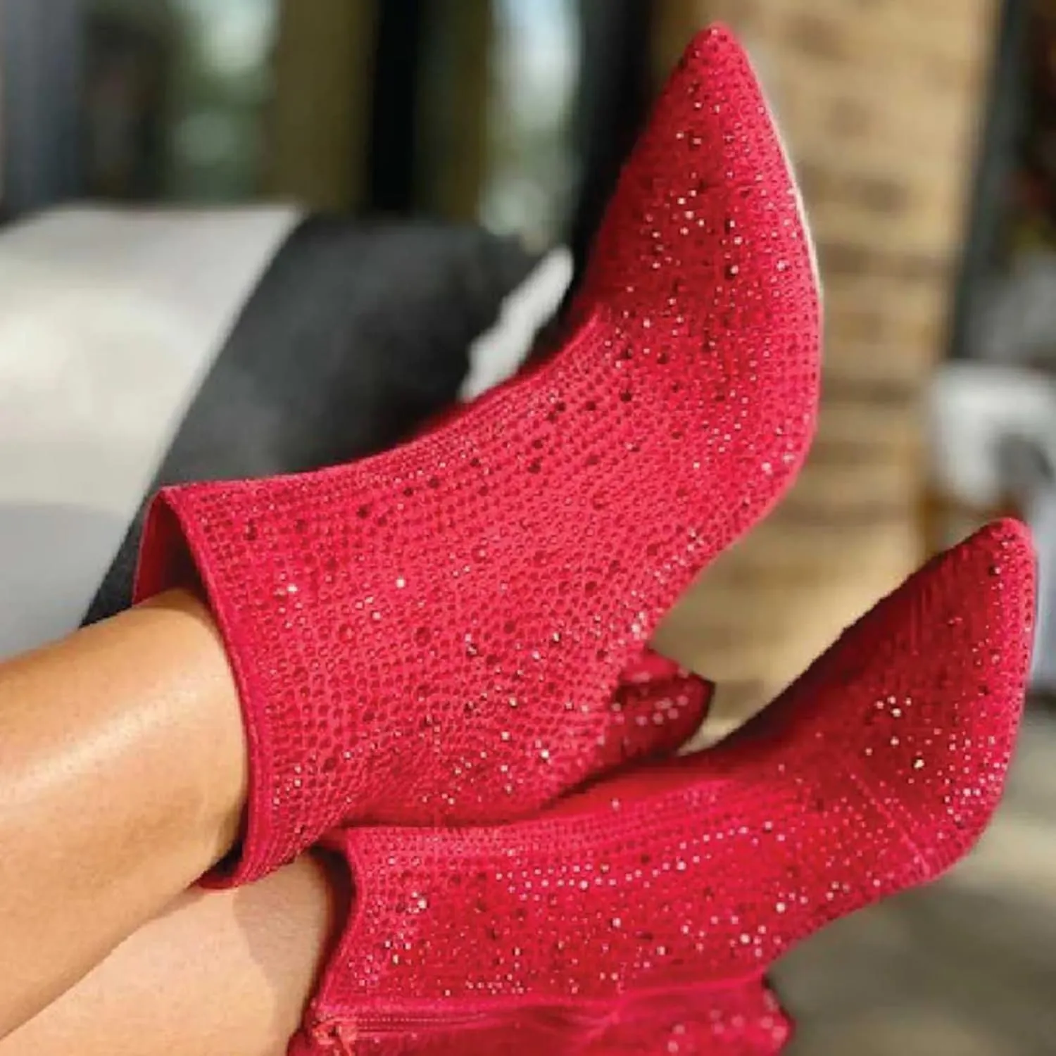 Forever Link Womens Pointed Toe Jeweled Rhinestone Crystal Ankle Booties Boots