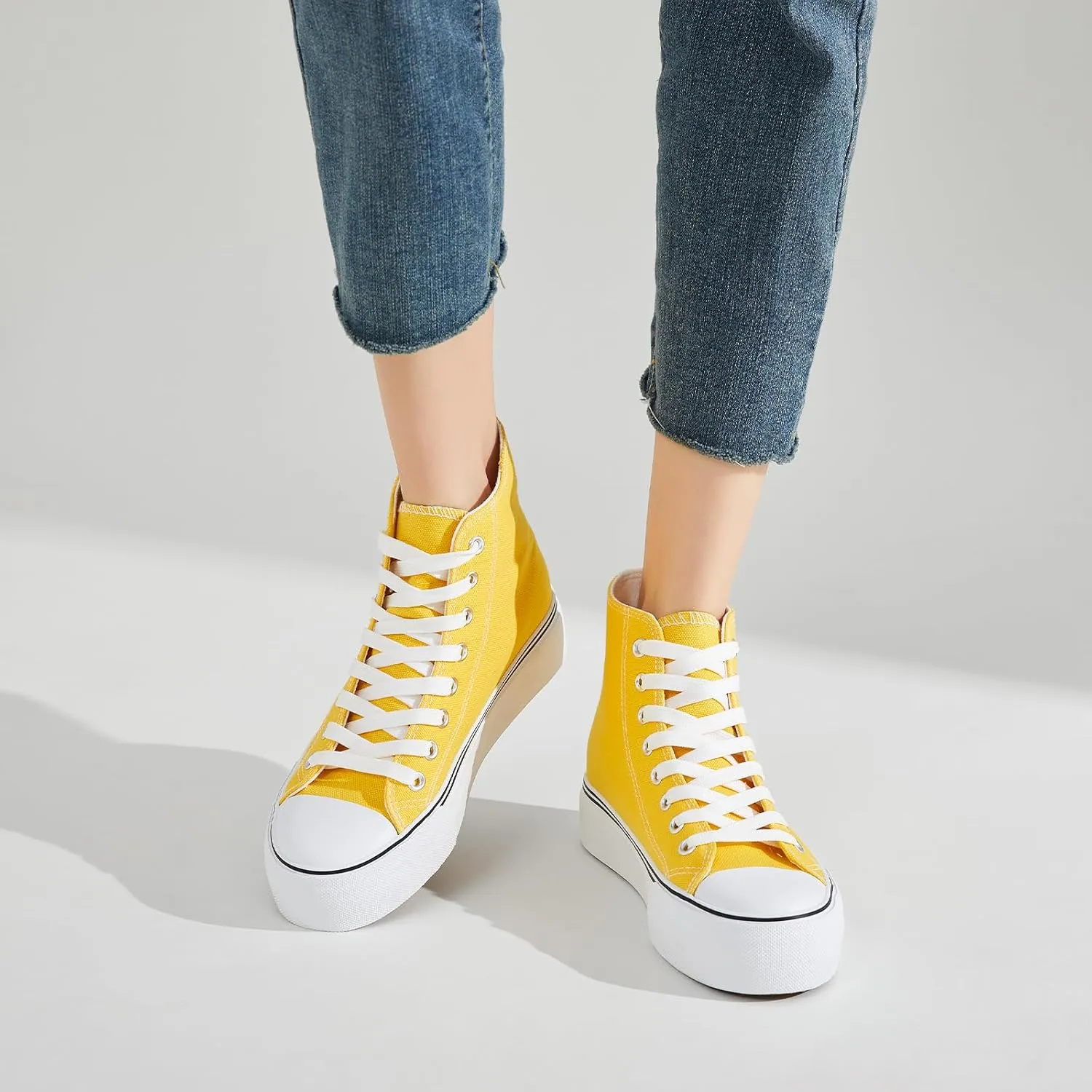 FRACORA Womens High Top Canvas Shoes White Black Platform Sneakers Lace Up Shoes for Women