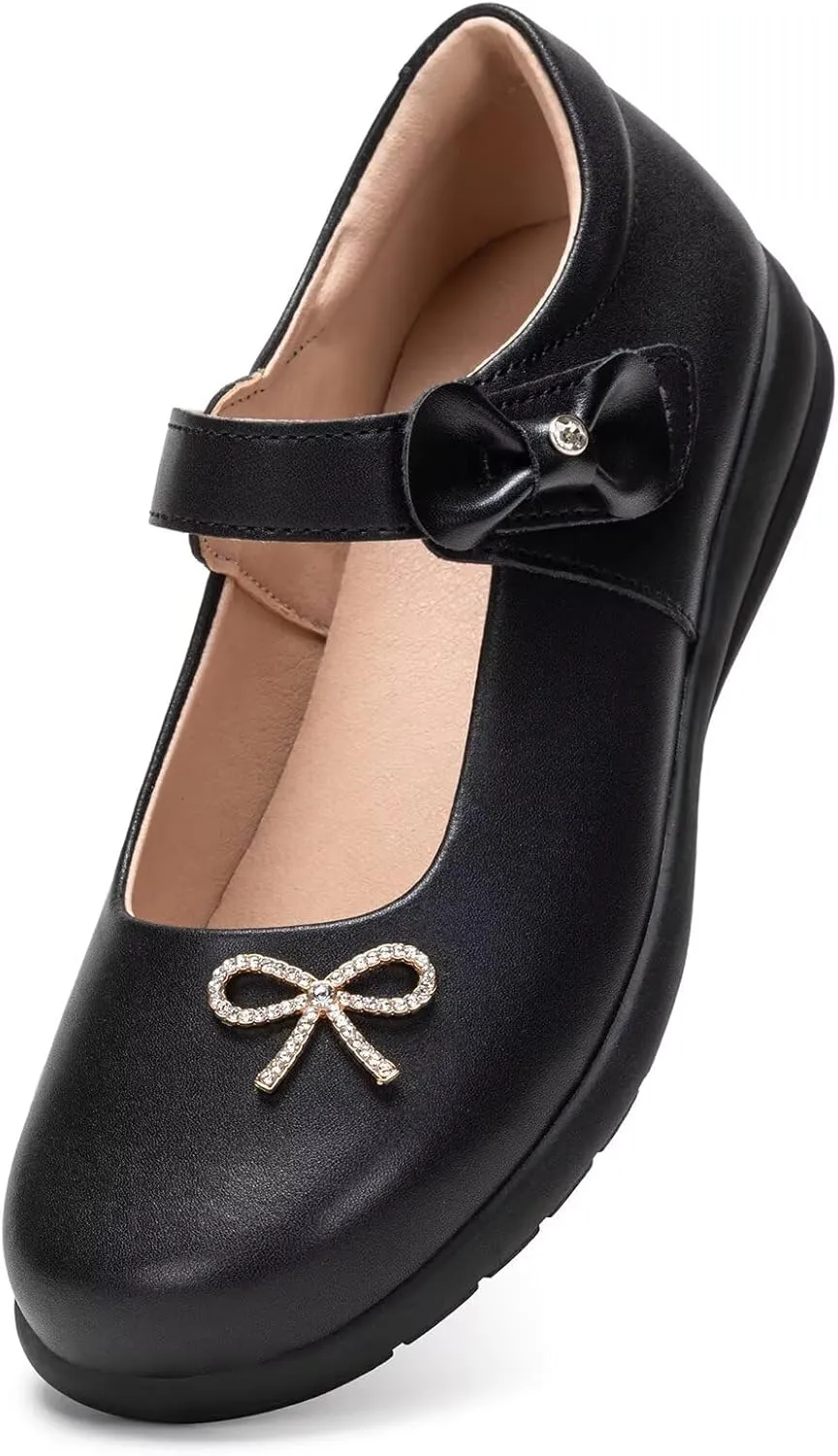Frank Mully Girls Mary Jane Shoes Side Rhinestone Bow Flat for Wedding/Party/School Shoes for Toddler/Little Kid/Big Kid