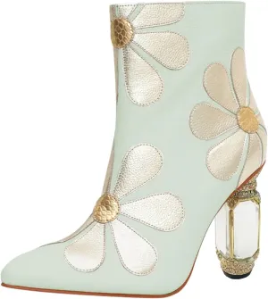 FSJ Women Cute Ankle Boots Pointed Toe Crystal High Heel Side Zipper Chunky Block Booties with Daisy Flower Wedding Ballroom Dress Shoes Size 4-16 US