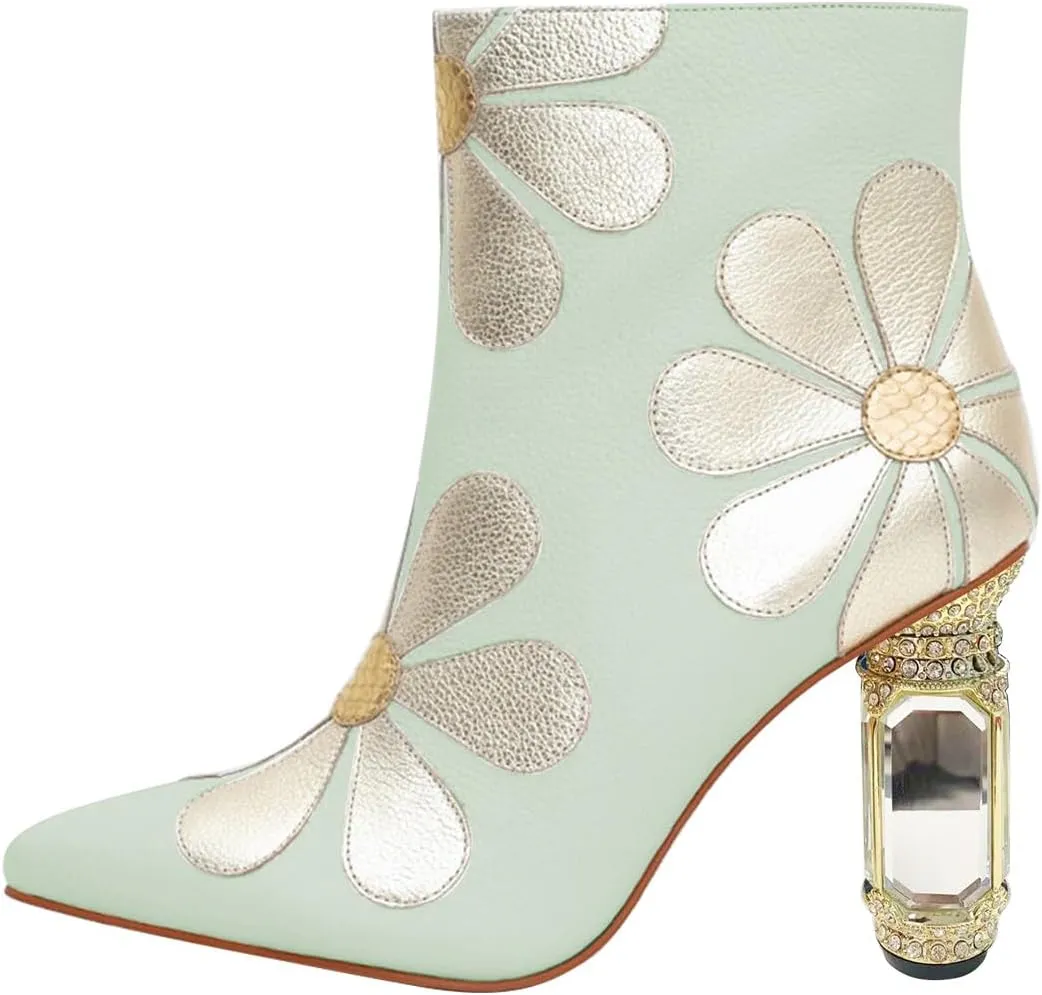 FSJ Women Cute Ankle Boots Pointed Toe Crystal High Heel Side Zipper Chunky Block Booties with Daisy Flower Wedding Ballroom Dress Shoes Size 4-16 US