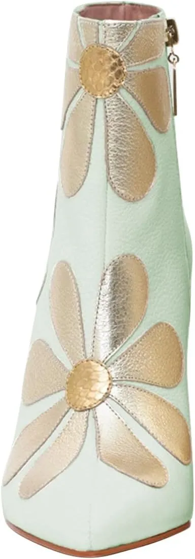 FSJ Women Cute Ankle Boots Pointed Toe Crystal High Heel Side Zipper Chunky Block Booties with Daisy Flower Wedding Ballroom Dress Shoes Size 4-16 US