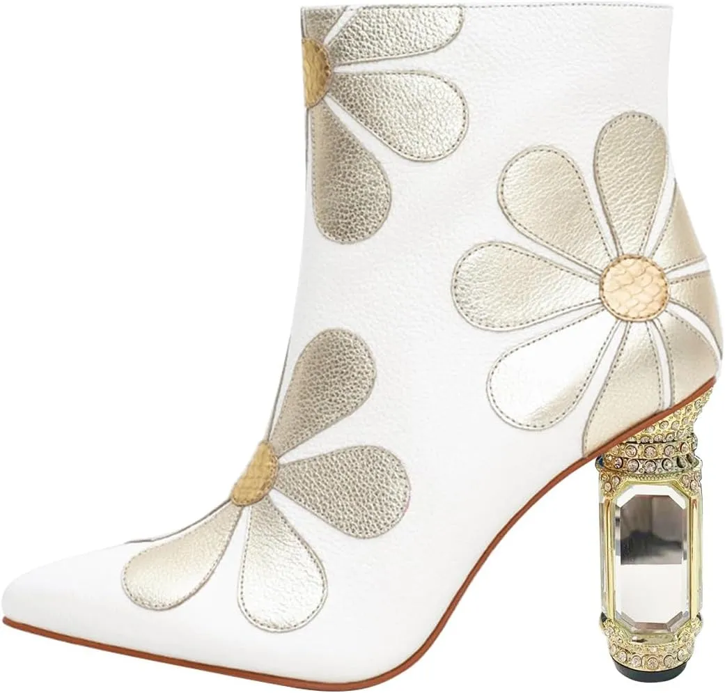 FSJ Women Cute Ankle Boots Pointed Toe Crystal High Heel Side Zipper Chunky Block Booties with Daisy Flower Wedding Ballroom Dress Shoes Size 4-16 US