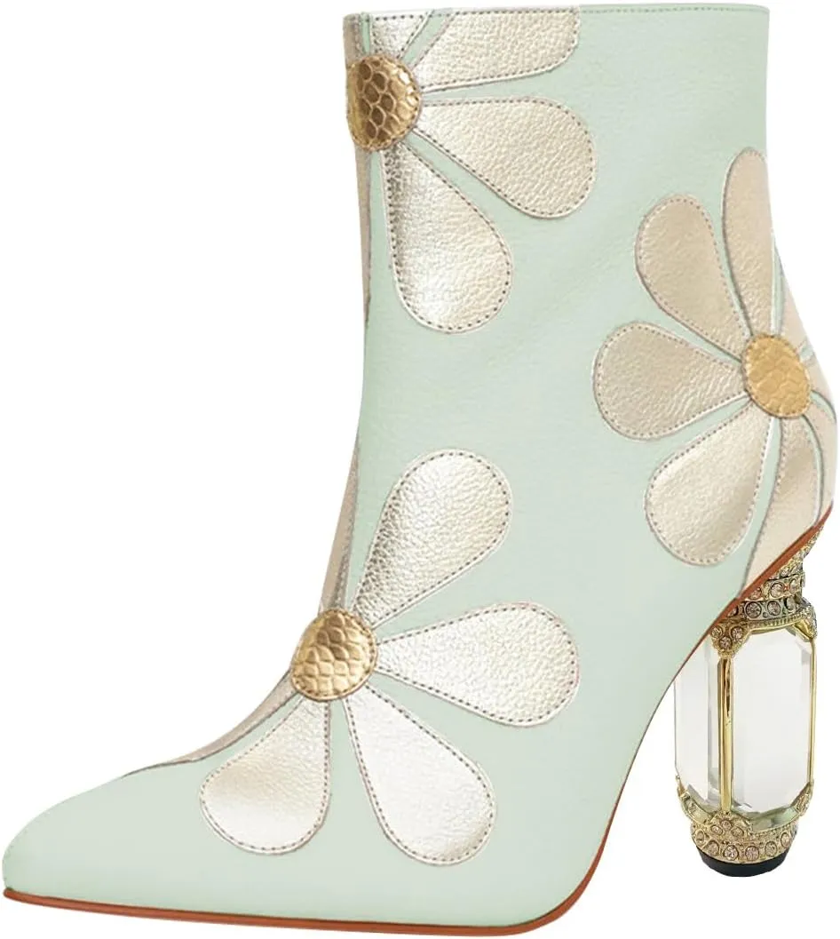 FSJ Women Cute Ankle Boots Pointed Toe Crystal High Heel Side Zipper Chunky Block Booties with Daisy Flower Wedding Ballroom Dress Shoes Size 4-16 US