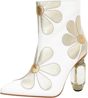 FSJ Women Cute Ankle Boots Pointed Toe Crystal High Heel Side Zipper Chunky Block Booties with Daisy Flower Wedding Ballroom Dress Shoes Size 4-16 US
