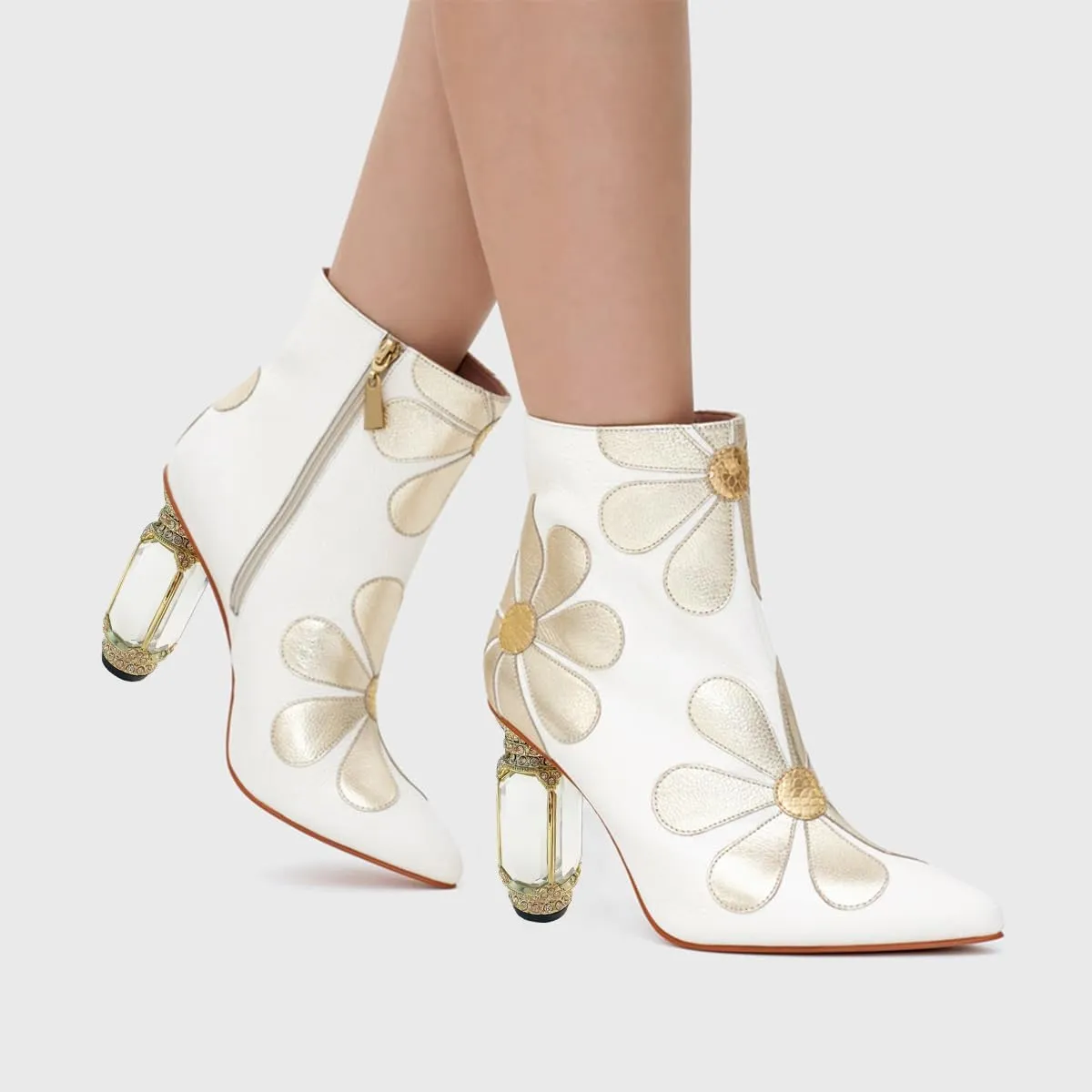 FSJ Women Cute Ankle Boots Pointed Toe Crystal High Heel Side Zipper Chunky Block Booties with Daisy Flower Wedding Ballroom Dress Shoes Size 4-16 US