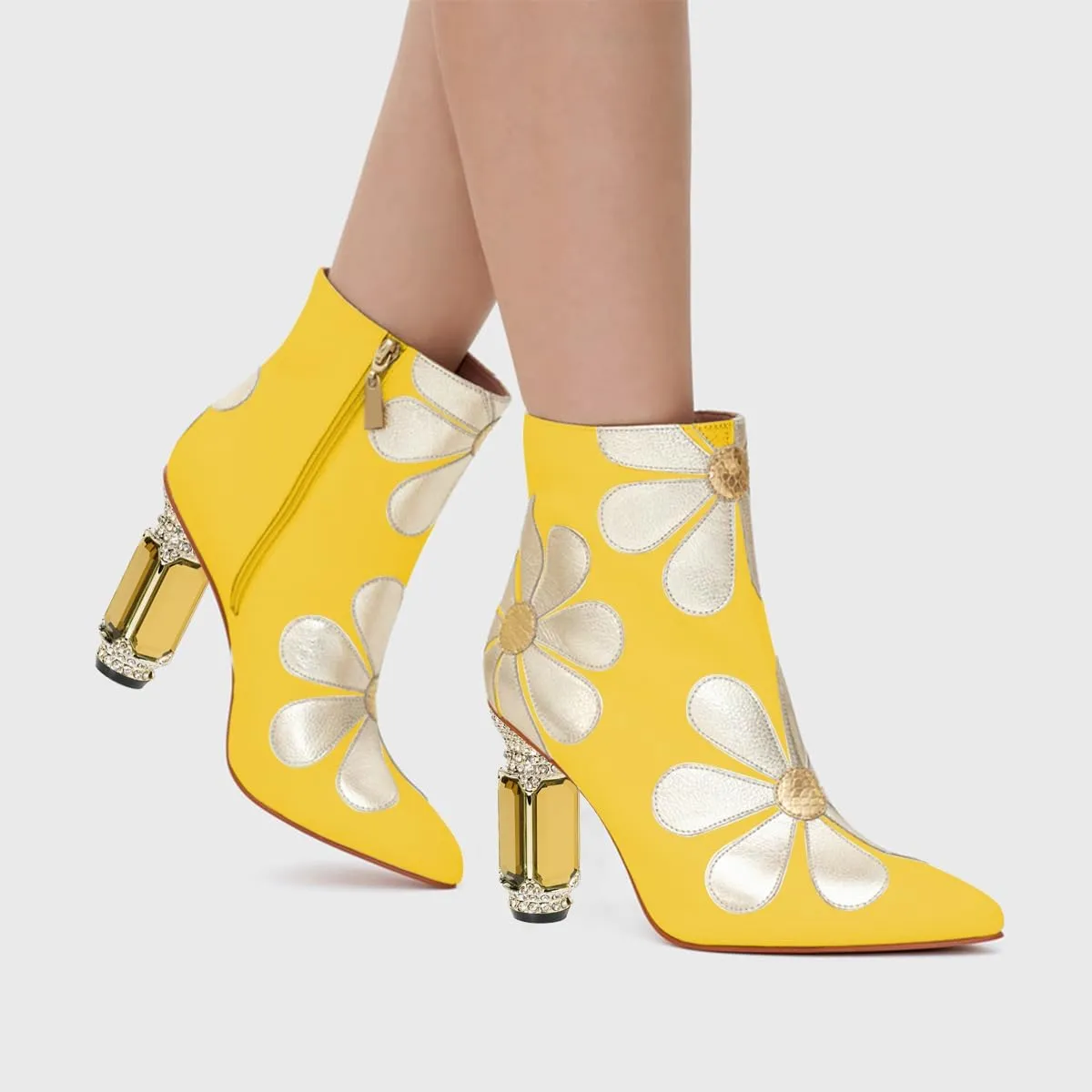 FSJ Women Cute Ankle Boots Pointed Toe Crystal High Heel Side Zipper Chunky Block Booties with Daisy Flower Wedding Ballroom Dress Shoes Size 4-16 US