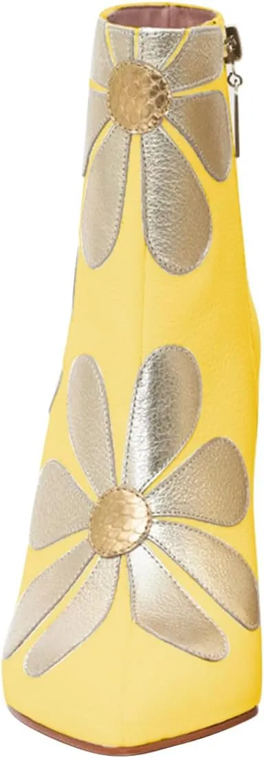 FSJ Women Cute Ankle Boots Pointed Toe Crystal High Heel Side Zipper Chunky Block Booties with Daisy Flower Wedding Ballroom Dress Shoes Size 4-16 US