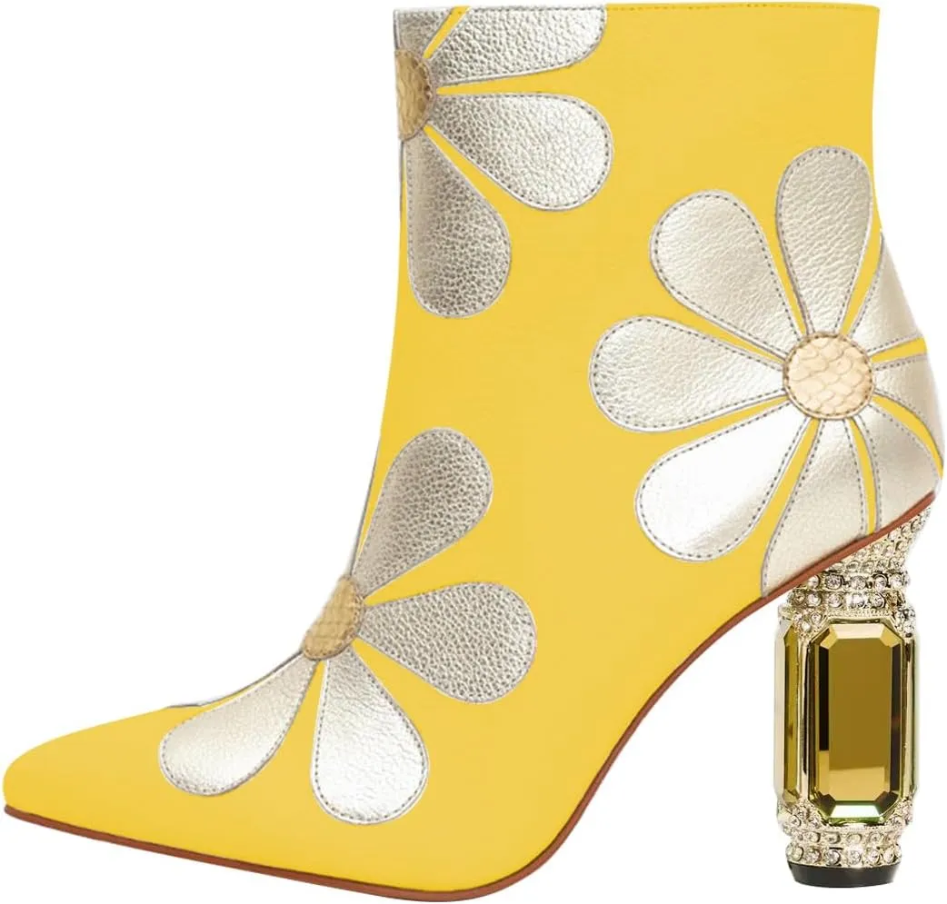 FSJ Women Cute Ankle Boots Pointed Toe Crystal High Heel Side Zipper Chunky Block Booties with Daisy Flower Wedding Ballroom Dress Shoes Size 4-16 US