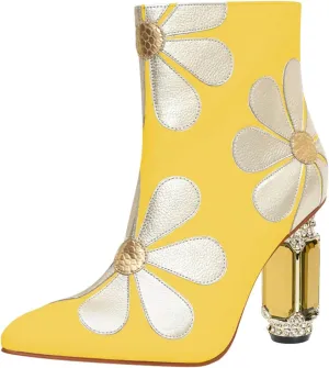 FSJ Women Cute Ankle Boots Pointed Toe Crystal High Heel Side Zipper Chunky Block Booties with Daisy Flower Wedding Ballroom Dress Shoes Size 4-16 US