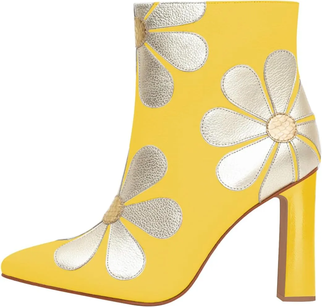 FSJ Women Pointed Toe Daisy Ankle Boots Chunky Block High Heel Side Zipper Adorable Flower Wedding Booties Bridal Ballroom Dress Shoes Size 4-16 US