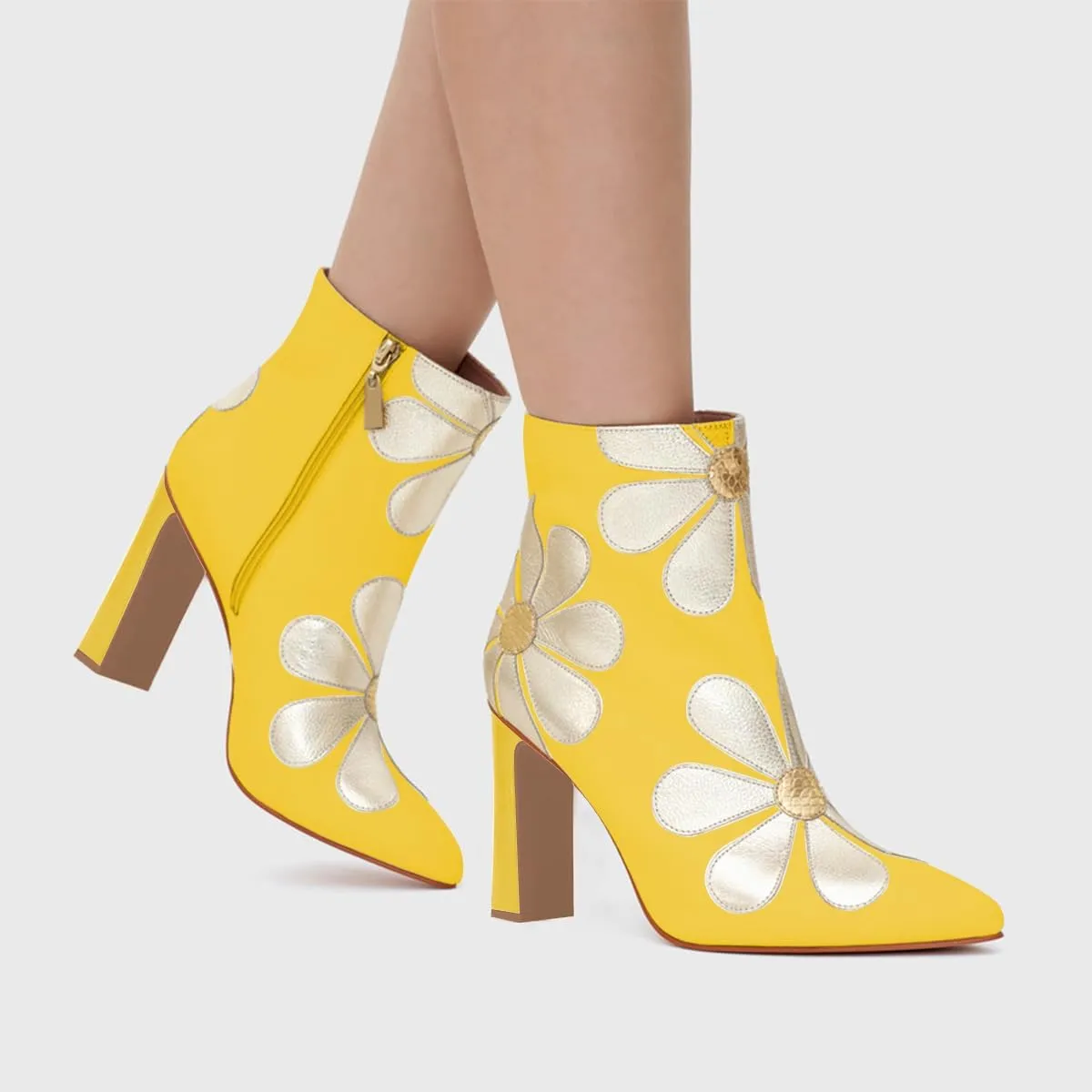 FSJ Women Pointed Toe Daisy Ankle Boots Chunky Block High Heel Side Zipper Adorable Flower Wedding Booties Bridal Ballroom Dress Shoes Size 4-16 US