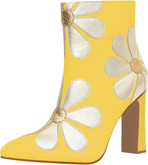 FSJ Women Pointed Toe Daisy Ankle Boots Chunky Block High Heel Side Zipper Adorable Flower Wedding Booties Bridal Ballroom Dress Shoes Size 4-16 US