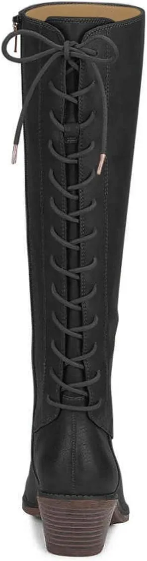 FSJ Women Retro Knee High Combat Boots Stacked Block Heels Almond Toe Lace-up Zipper Party Winter Boots Shoe Size 4-15 US